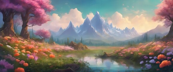 A beautiful landscape with mountains in the background and a river in the foreground. The scene is filled with colorful flowers and trees, creating a peaceful and serene atmosphere