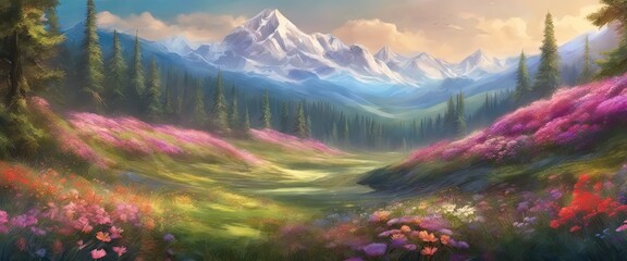 A beautiful landscape with mountains in the background and a field of flowers. Scene is peaceful and serene