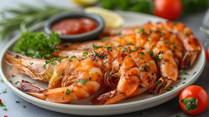 Crispy battered prawns served with sauce, isolated on a white plate.