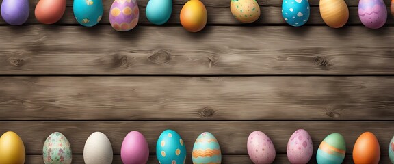  row of colorful Easter eggs are arranged wooden surface.  eggs are of various sizes  colors, including blue, yellow, pink. arrangement creates  cheerful festive atmosphere,