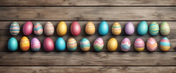 A row of colorful Easter eggs are laid out on a wooden surface. The eggs are of various colors and sizes, creating a vibrant and cheerful display. Concept of celebration and joy