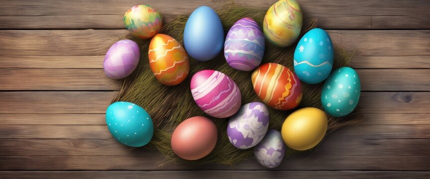 A bunch of colorful Easter eggs are laid out on a wooden surface. The eggs are of various sizes and colors, including blue, green, yellow, and pink. Concept of celebration and joy