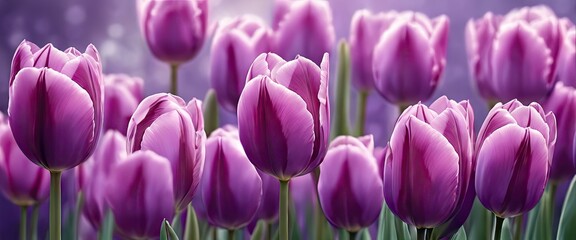 A bunch of purple tulips are in a field. The flowers are in full bloom and are very pretty