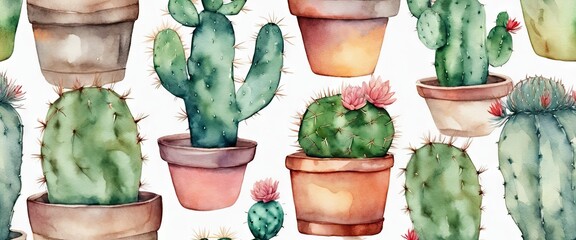 A watercolor painting of several potted cacti with a white background. The painting has a calming and peaceful mood, with the cacti being the main focus - obrazy, fototapety, plakaty
