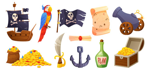 Parrot pirate, island treasures. Ship with black flag, shipwreck, chest with golden coins, ocean adventured, anchor and sword, Caribbean game. Vector background garish cartoon isolated illustration © Natalia
