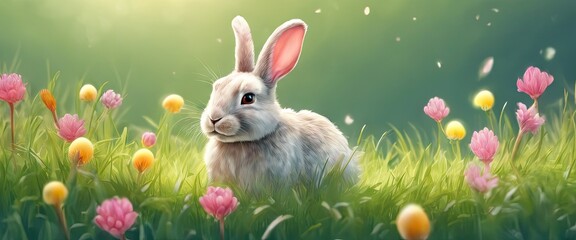 A rabbit is sitting in a field of flowers. The rabbit is white and has pink ears. The scene is peaceful and serene