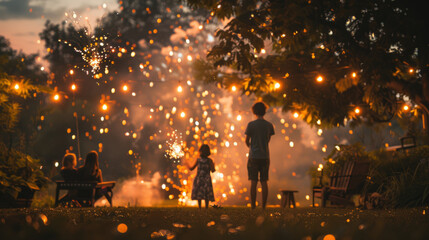 Two children play with sparklers in a twilight garden setting as adults sit nearby on benches surrounded by ambient string lights and lush foliage.