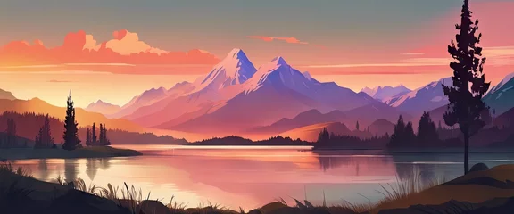 Gordijnen A beautiful mountain landscape with a lake in the foreground. The mountains are covered in snow and the sky is a mix of pink and purple hues. The scene is serene and peaceful © Павел Кишиков