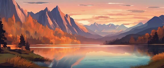 Fototapeta na wymiar A beautiful mountain landscape with a lake in the foreground. The mountains are covered in autumn foliage, and the sky is a mix of pink and orange hues. Concept of tranquility and serenity