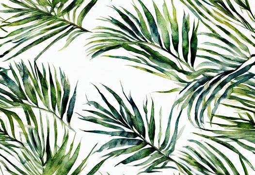 A painting of green leaves with a white background. The painting is of a tropical forest with palm trees