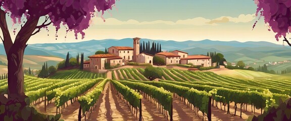A painting of a vineyard with a purple tree in the foreground. The painting has a peaceful and serene mood, with the vineyard stretching out into the distance - obrazy, fototapety, plakaty