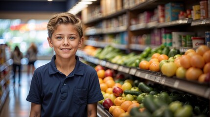 Portrait of smiling boy standing in grocery store and looking at camera - obrazy, fototapety, plakaty