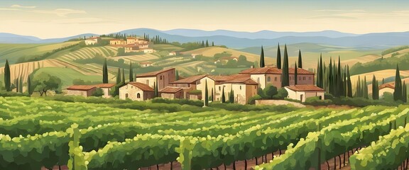 A beautiful countryside with a vineyard and houses. The houses are made of stone and have a rustic charm. The vineyard is lush and green, with rows of vines stretching out as far as the eye can see - obrazy, fototapety, plakaty