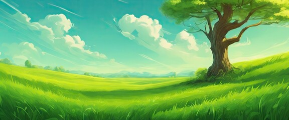 A large tree stands in a lush green field. The sky is clear and blue, with a few clouds scattered throughout. The scene is peaceful and serene, evoking a sense of calm and tranquility