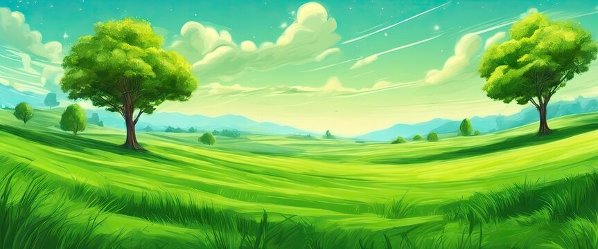 A lush green field with two trees in the foreground and a clear blue sky in the background. Scene is peaceful and serene