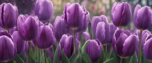 A row of purple tulips with green leaves. The flowers are in full bloom and are arranged in a neat row. Concept of beauty and tranquility, as the purple flowers are a symbol of love and romance - Powered by Adobe