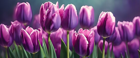 A bunch of purple tulips are in a field. The flowers are in full bloom and are very vibrant