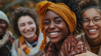 A diverse group of joyful friends outdoors during autumn, with a focus on a smiling woman with a yellow headscarf at the forefront. - obrazy, fototapety, plakaty