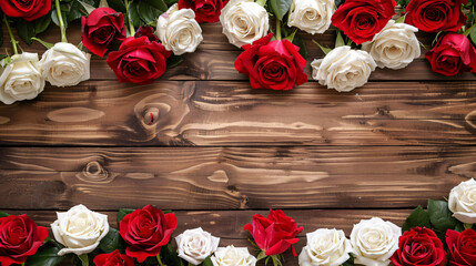 Red and white roses on a wooden background.
