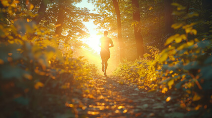 A person jogs on a forest path bathed in the golden light of the setting sun, which filters through the lush foliage to create a warm, serene atmosphere. - obrazy, fototapety, plakaty