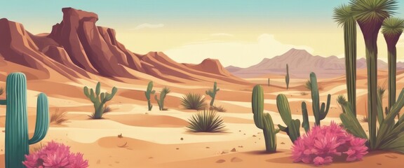 A desert scene with cacti and mountains in the background. Scene is peaceful and serene