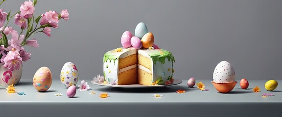 A cake with a green frosting and a slice missing is on a table with a vase of pink flowers and a bunch of Easter eggs