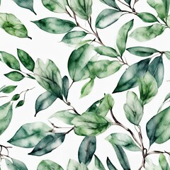 A green leafy pattern is painted on a white background. The leaves are large and spread out, creating a sense of depth and movement. Scene is calm and serene