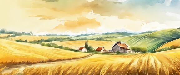 A painting of a rural landscape with a farmhouse and a barn. The sky is cloudy and the sun is setting