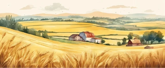 Stoff pro Meter A painting of a rural landscape with a few houses and a barn. The mood of the painting is peaceful and serene © Павел Кишиков