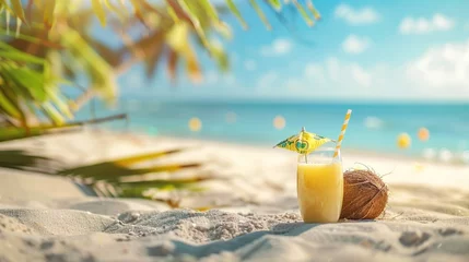 Fotobehang Beach Template with Refreshing Juice Drink © Cyprien Fonseca