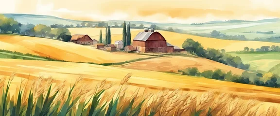 Foto op Canvas A painting of a farm with a barn and a house © Павел Кишиков