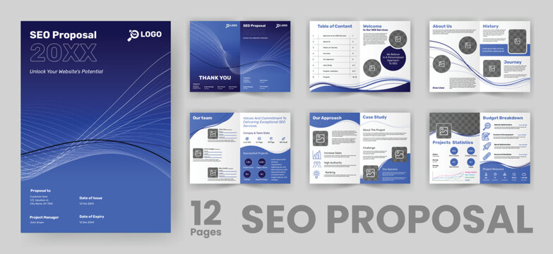 SEO Project Proposal Brochure Template. Blue Accent Wave Background Cover.