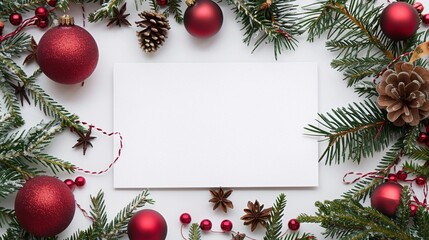Fototapeta na wymiar Greeting Card: White Canvas Invitation Template with Christmas Decor