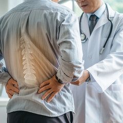 Doctor is diagnosing a patient's back pain in a hospital examination room. A male with back pain sees a doctor for treatment

