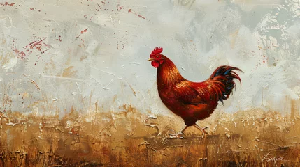 Fotobehang Red chicken walking in a paddock. © UsamaR