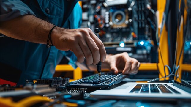 Technician providing technical assistance and repairing laptop computers.