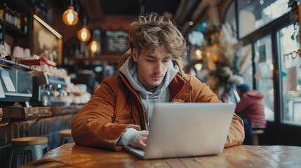 A young adult man with curly hair focused on working on his laptop while sitting at a wooden table in a cafe with hanging lights and a cozy atmosphere.