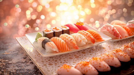 Sushi with tuna on a plate. A set of various sushi with tuna. Bokeh effect. AI generative