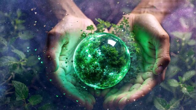  person holding a glowing green orb in the palm of their hands