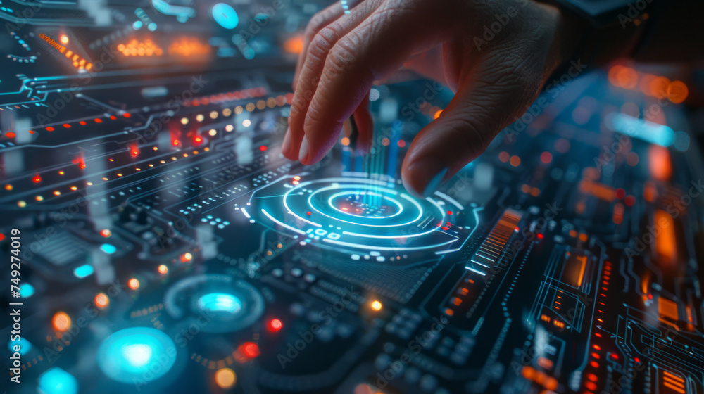 Aufkleber close-up of a hand interacting with futuristic digital interface against a background of electronic 