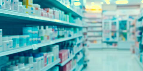 Blurred background of a pharmacy store. Pharmacist and medicine concept - obrazy, fototapety, plakaty