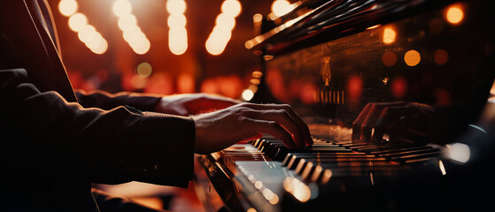 Close up of male pianist hands playing on piano on the stage. Music instrument.  Musician performance. Generative ai - obrazy, fototapety, plakaty