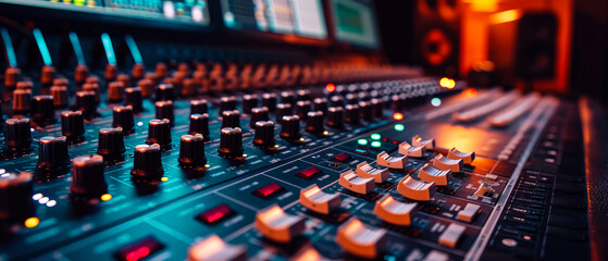 Close up of professional audio mixing board. Broadcasting. Sound studio equipment for recording music session. Sound production scene. Generative ai.