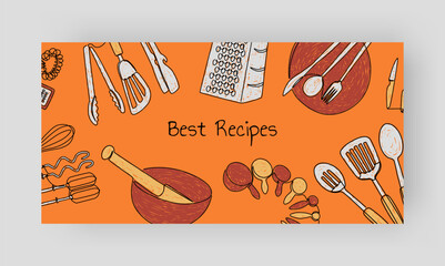 Kitchen tools. Best recipes. Food preparing. Cooking utensil. Household kitchenware. Chefs grater and ladle. Domestic cookery. Cutlery and spatula. Bakery mixer. Line drawing. Vector culinary banner