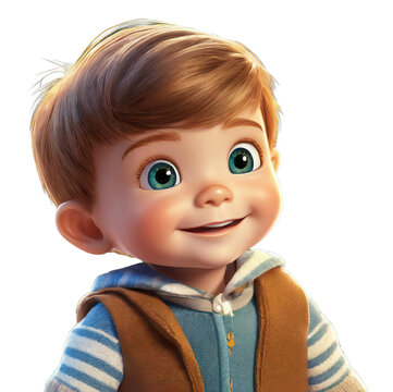ai generative of 3D rendering of a boy with big eyes, no hat, blonde hair, smiling happily