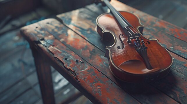 Fiddle resting on a timbered surface.