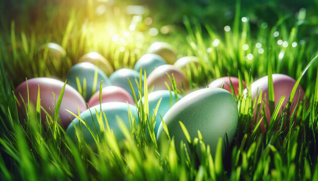 A bunch of colorful eggs in fresh green grass under spring sunshine. Easter themed composition created with AI.