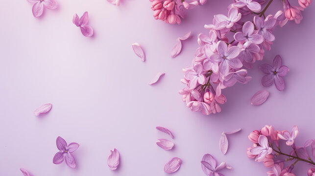 Lilac flowers top view spring background, free space