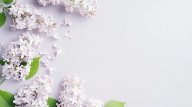 White lilac flowers top view spring background, free space