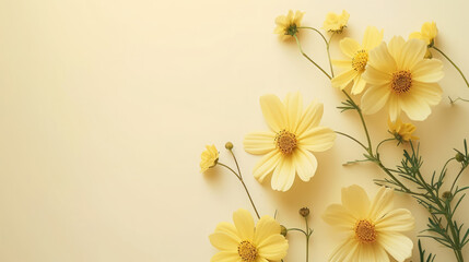 Yellow flowers top view, floral background, free space
